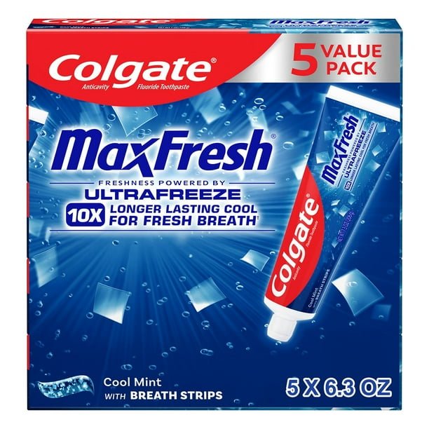 2025/10/1000088282.jpg Colgate MaxFresh Toothpaste with Mini Breath Strips, Cool Mint, 7.3 oz., 5 pk - Image 1